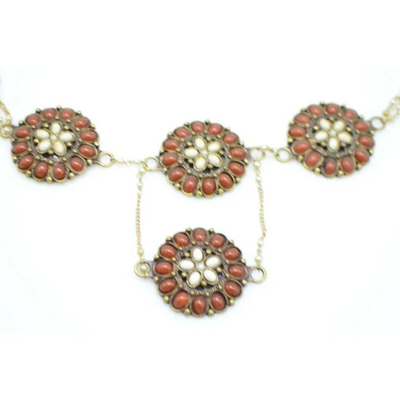 Faux Carnelian Red White Flower Bib Dangle - Picture 2 of 7